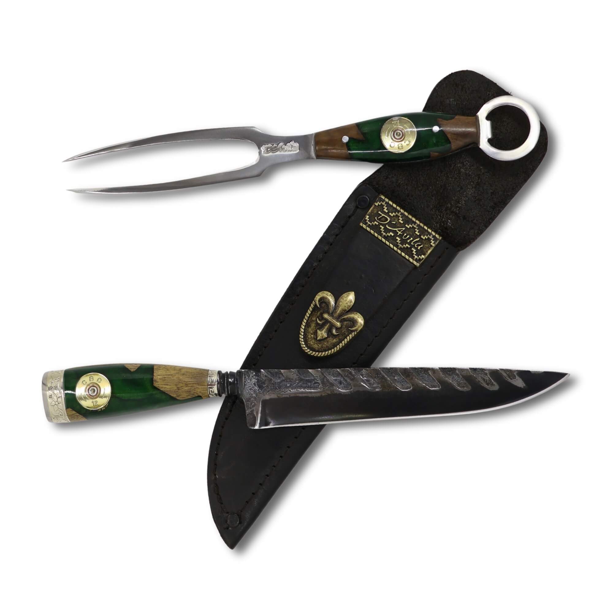 Conjunto Garfo Trinchante P e Faca Churrasco Torneada 8" em aço carbono Tratorado Fosfatizado, cabo híbrido.