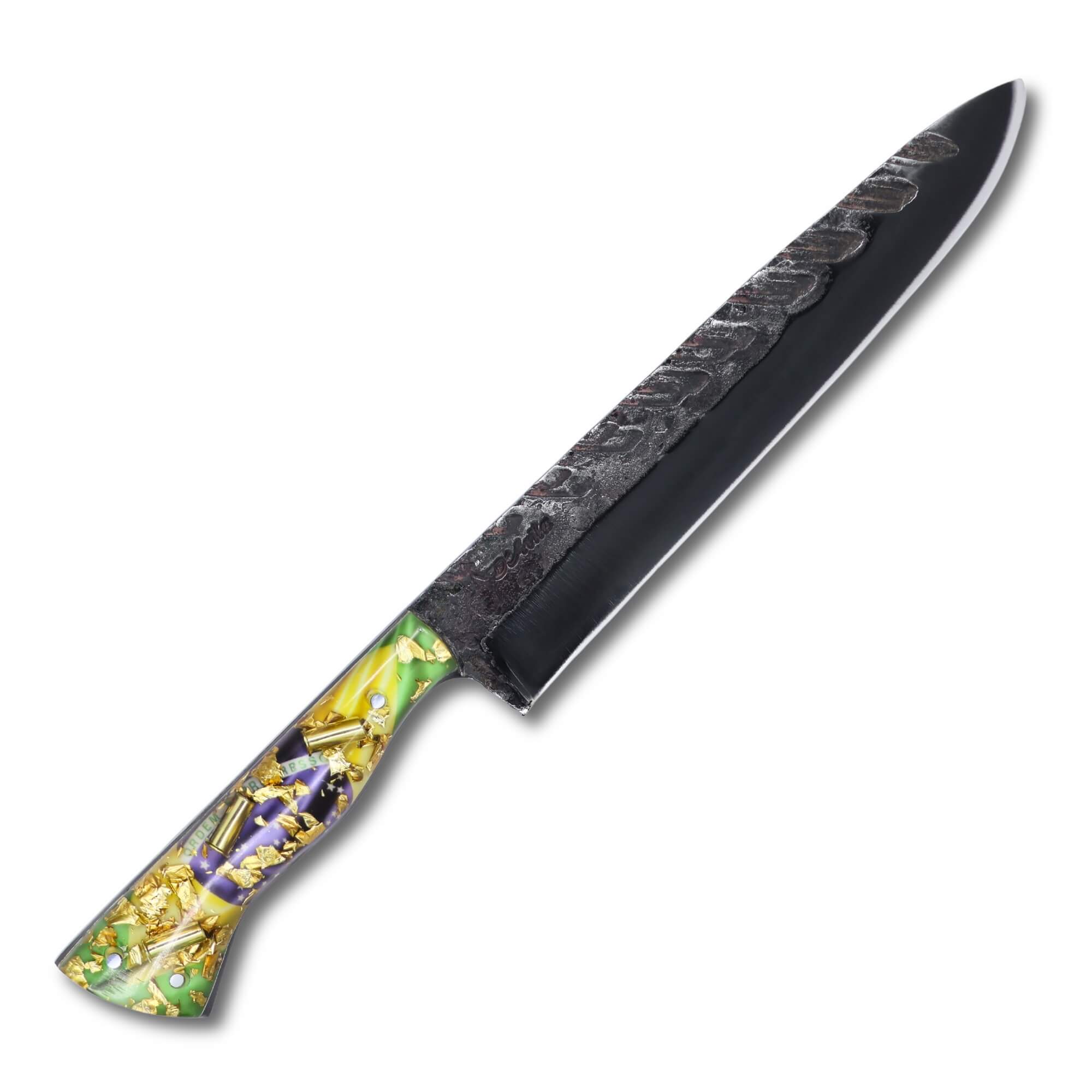 Faca Churrasco Patriota Cutelaria Prime 8" em aço carbono Tratorado Fosfatizado, cabo Resina com bandeira do Brasil e folhas de Ouro.