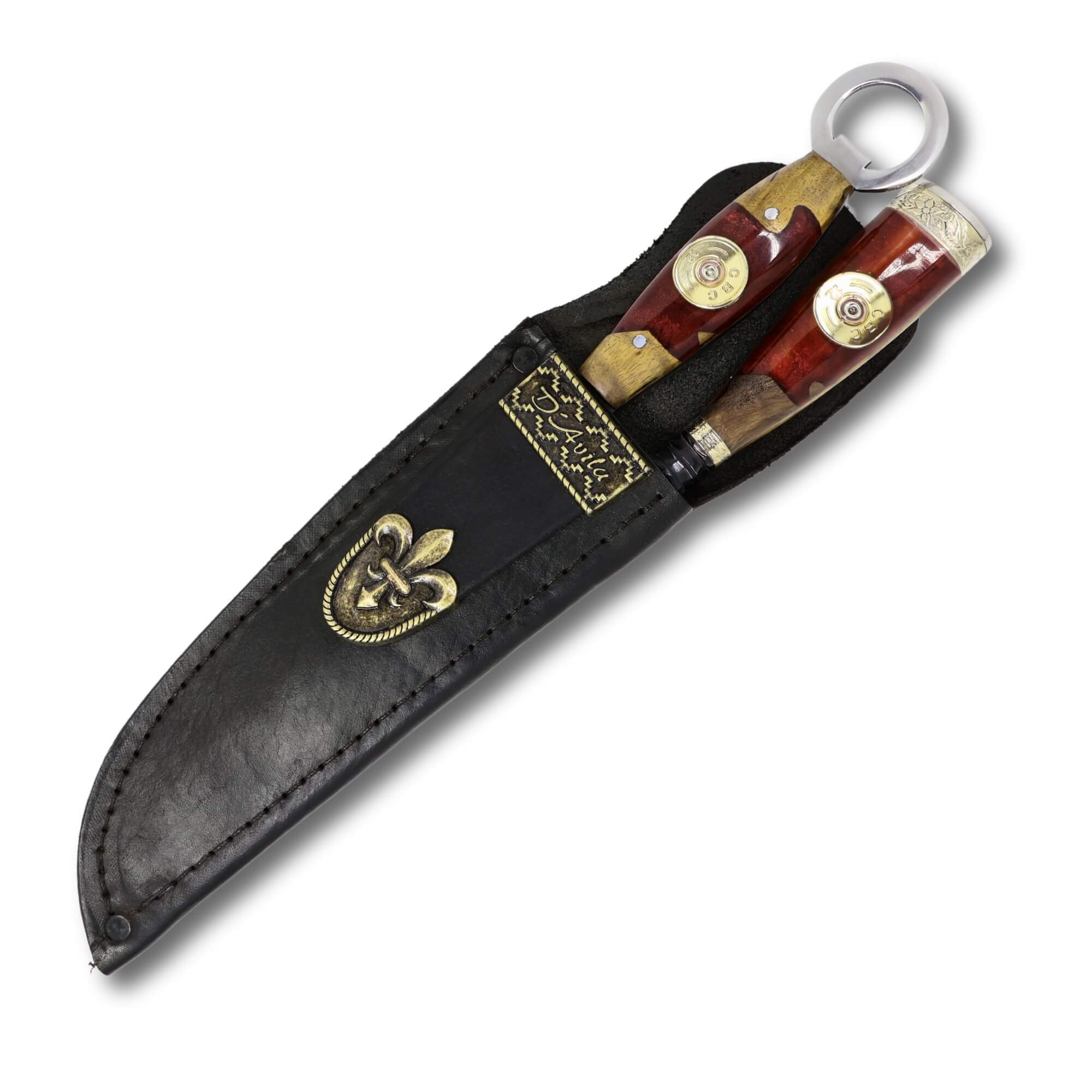 Conjunto Garfo Trinchante P e Faca Churrasco Torneada 8" em aço carbono Brut Forj Fosfatizado, cabo híbrido.