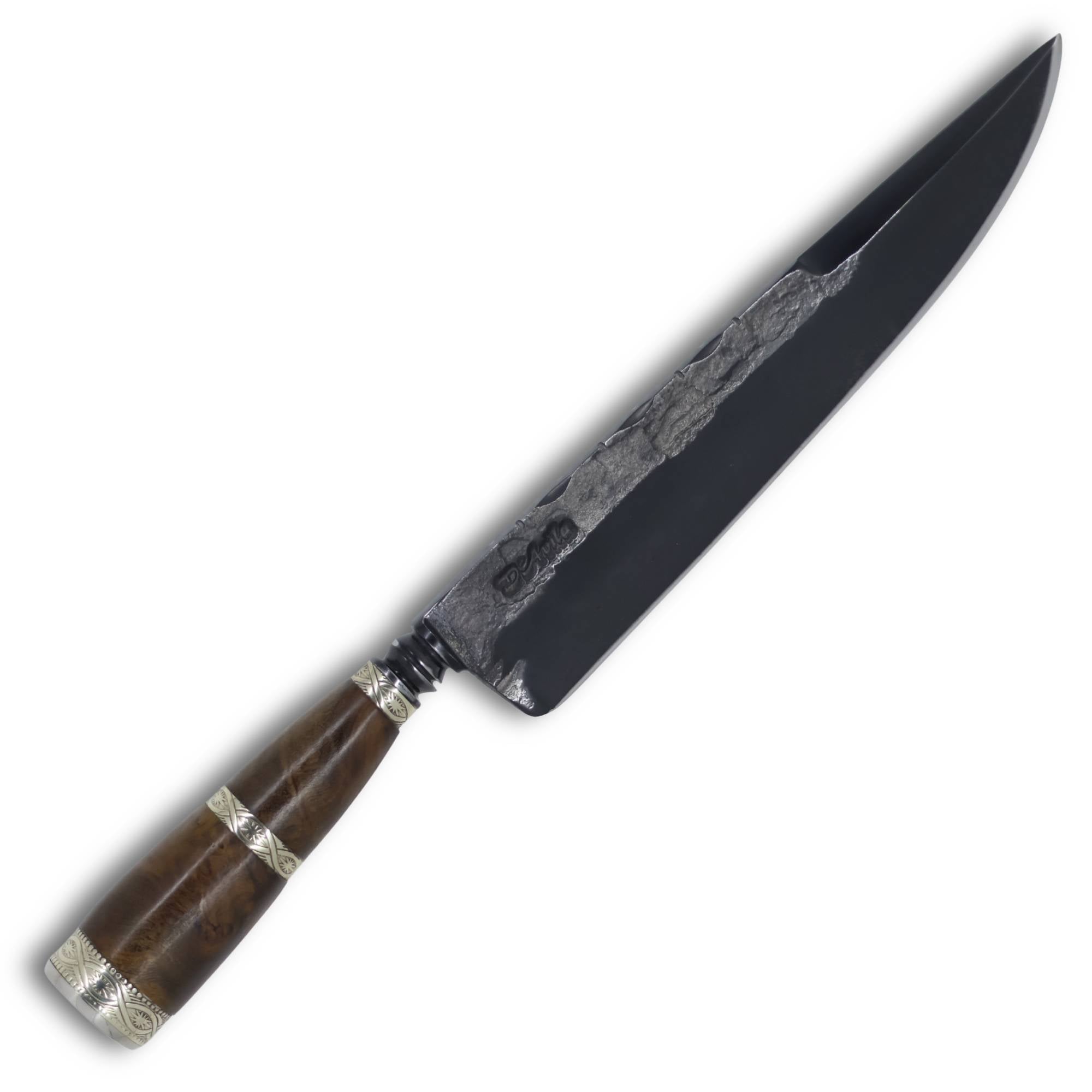 Faca Churrasco Torneada 8" em aço carbono, cabo em madeira com anel, brutforjfosfatizado