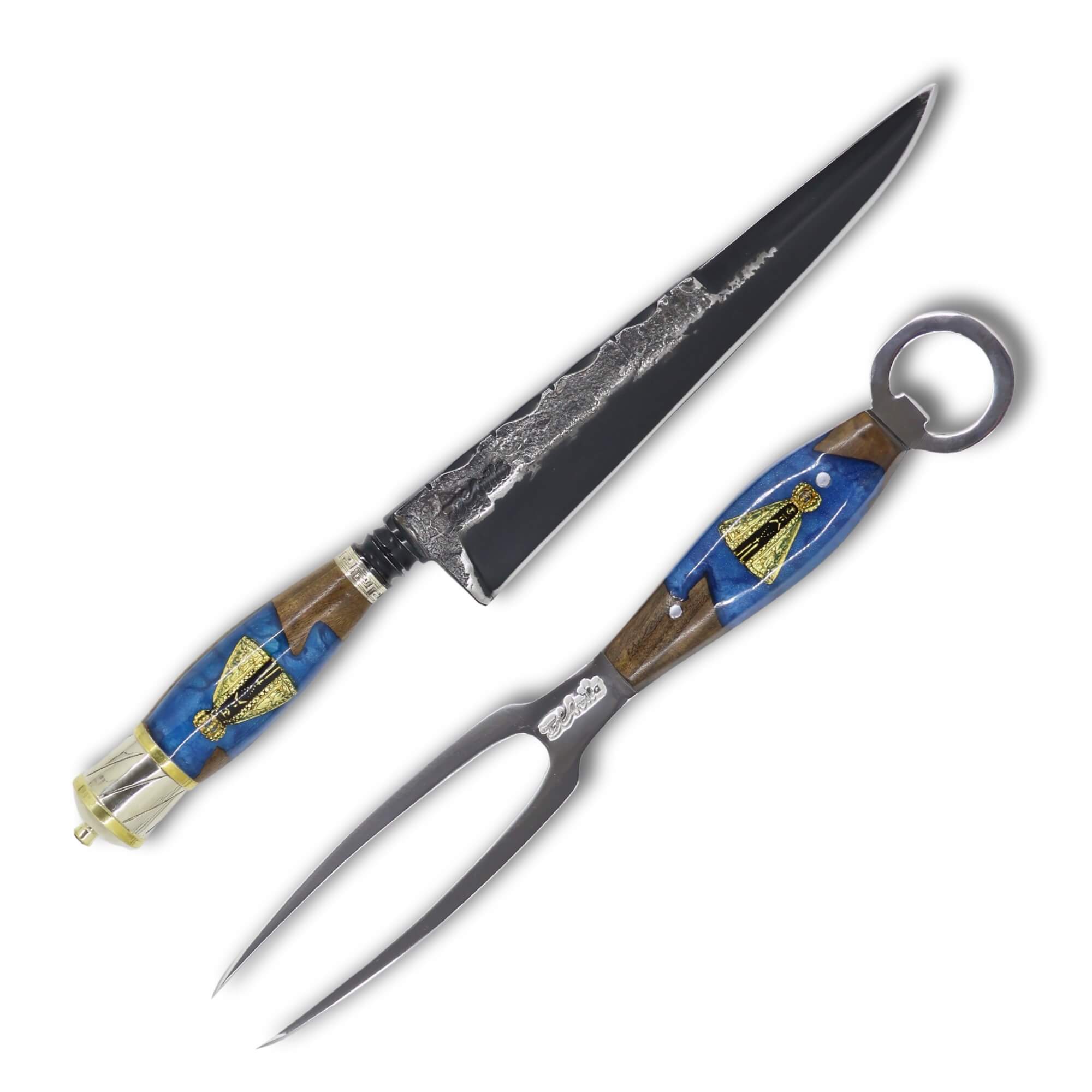 Conjunto Garfo Trinchante P e Faca Churrasco Torneada Especial 8" em Aço Carbono Brut Forj Fosfatizado, cabo híbrido com Nossa Senhora.