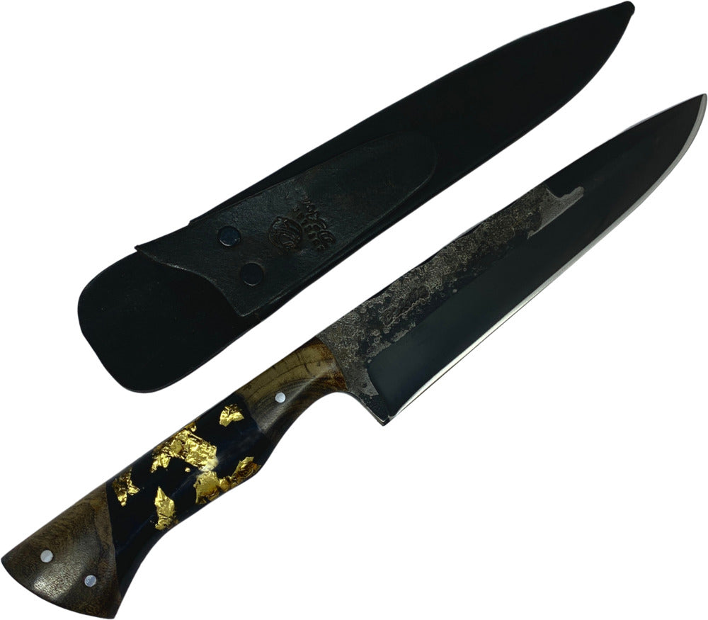 Faca Churrasco Cutelaria Prime 8" em aço carbono, cabo híbrido em madeira e resina preta com folhas de ouro, brut forj fosfatizado