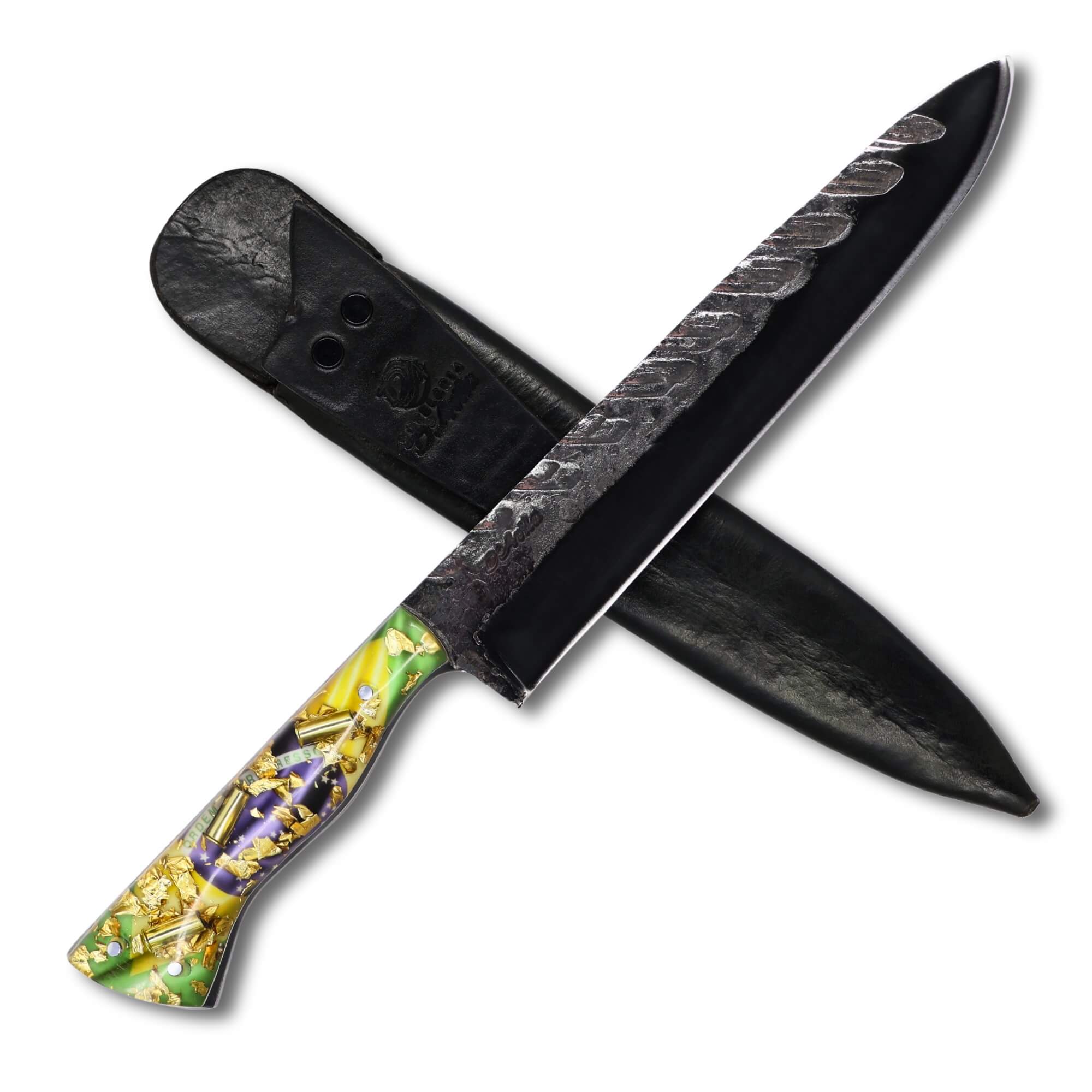 Faca Churrasco Patriota Cutelaria Prime 8" em aço carbono Tratorado Fosfatizado, cabo Resina com bandeira do Brasil e folhas de Ouro.