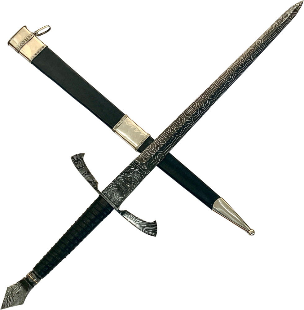 Espada Templária integral 24" Forjada em aço damasco, com guarda em aço damasco.