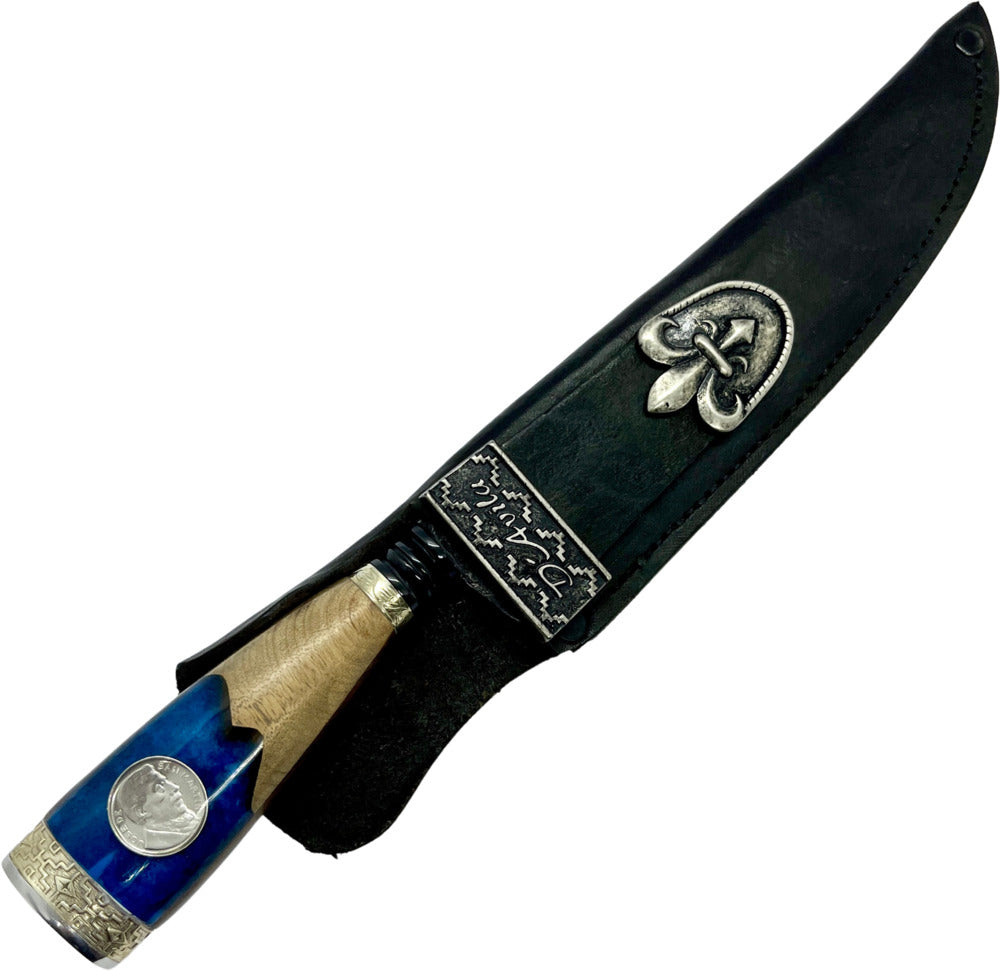 Faca Churrasco Torneada 8" em aço carbono, cabo híbrido em madeira e resina azul com moeda, brutforj fosfatizado