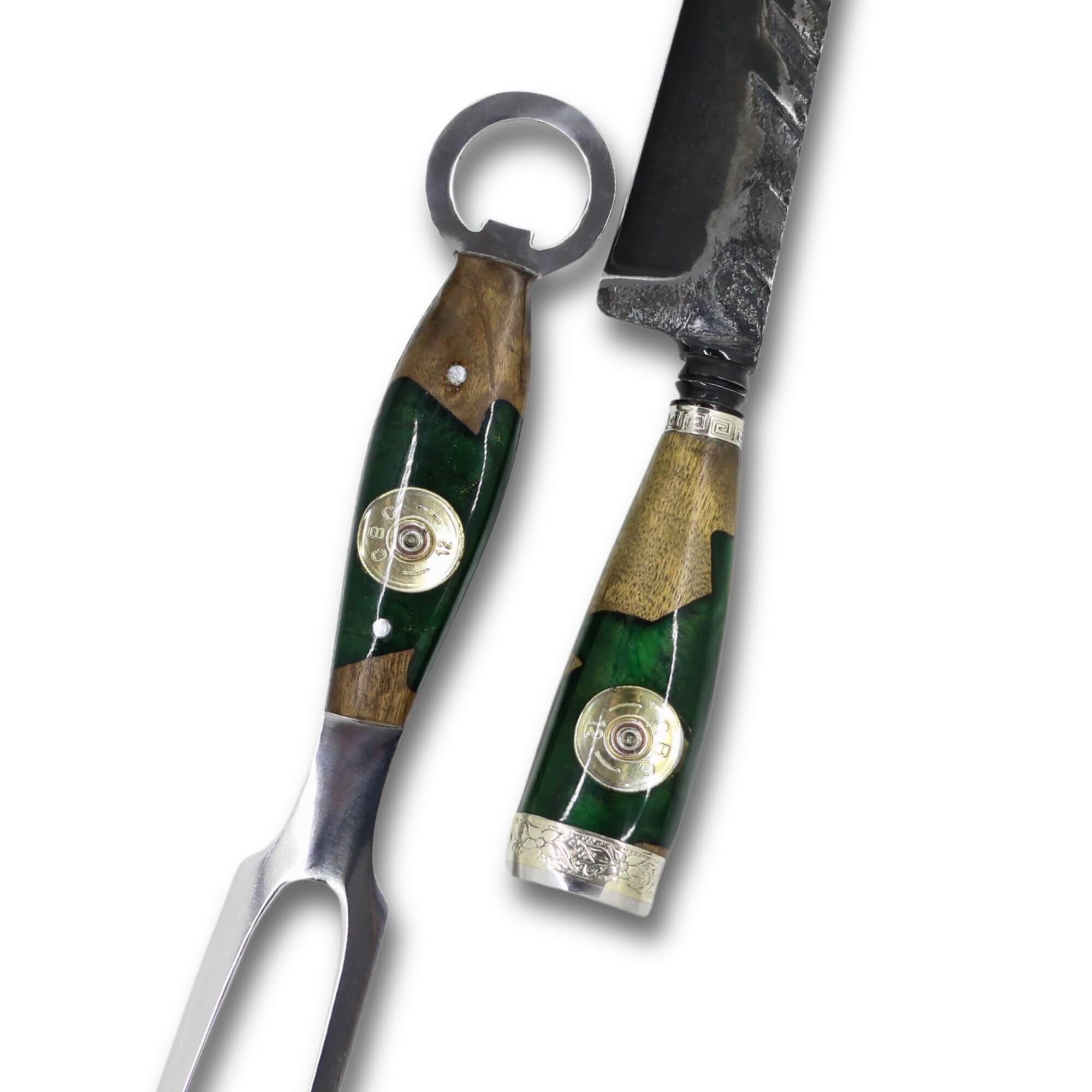 Conjunto Garfo Trinchante P e Faca Churrasco Torneada 8" em aço carbono Tratorado Fosfatizado, cabo híbrido.
