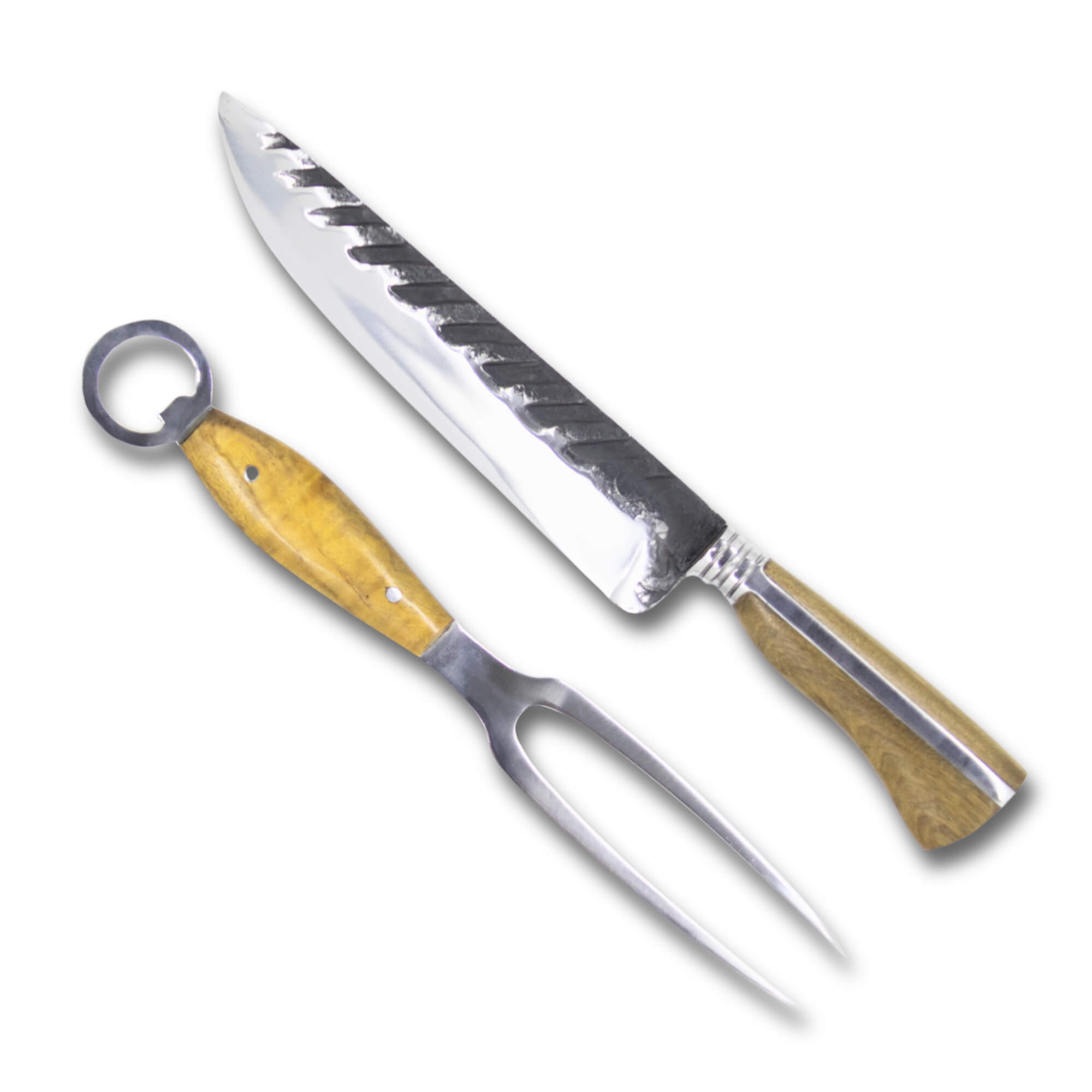 Conjunto Garfo Trinchante P e Faca Churrasco 8" Invertida em aço carbono Tratorado, cabo em madeira nobre.