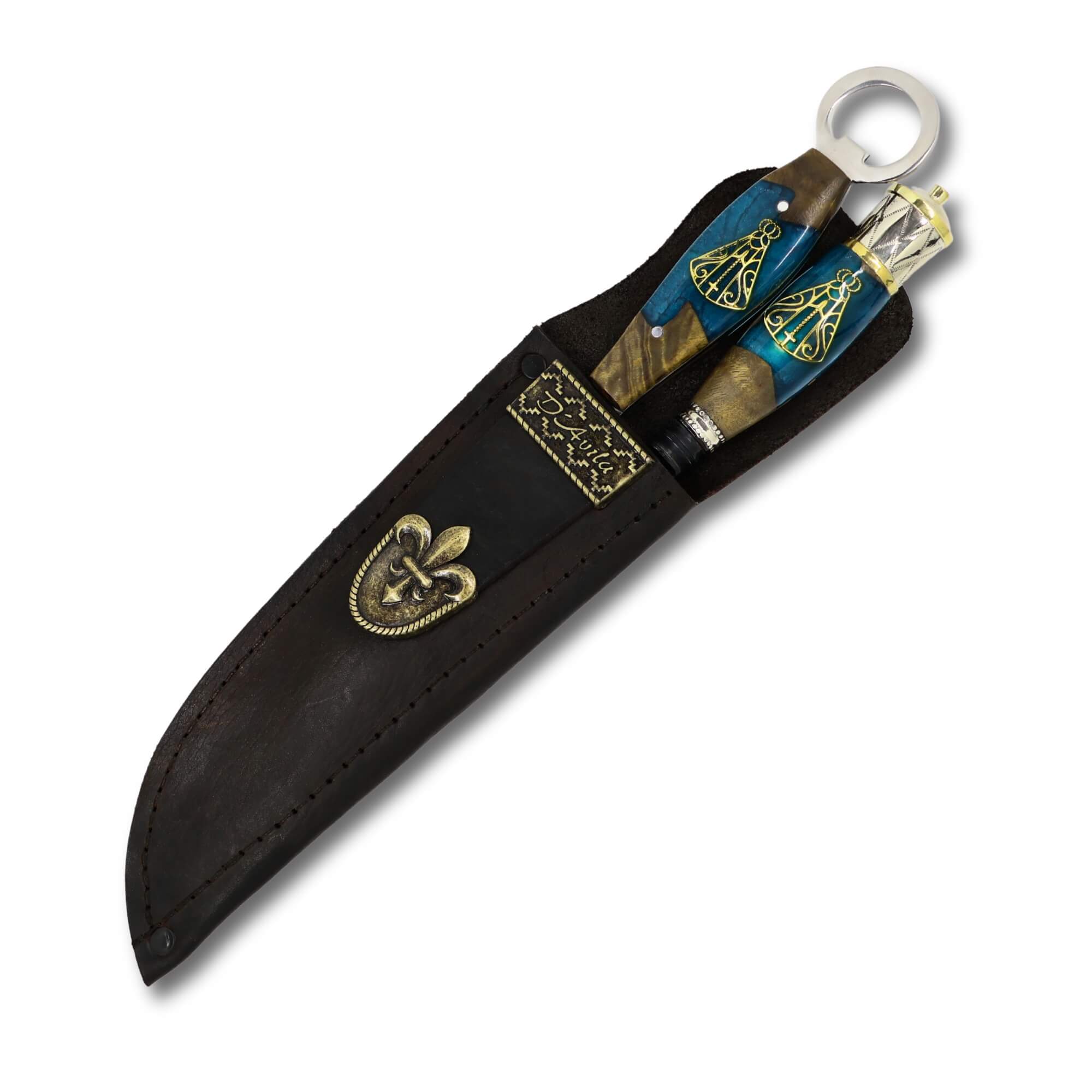 Conjunto Garfo Trinchante P e Faca Churrasco Torneada Especial 8" em aço carbono Tratorado Fosfatizado, cabo híbrido com Nossa Senhora.