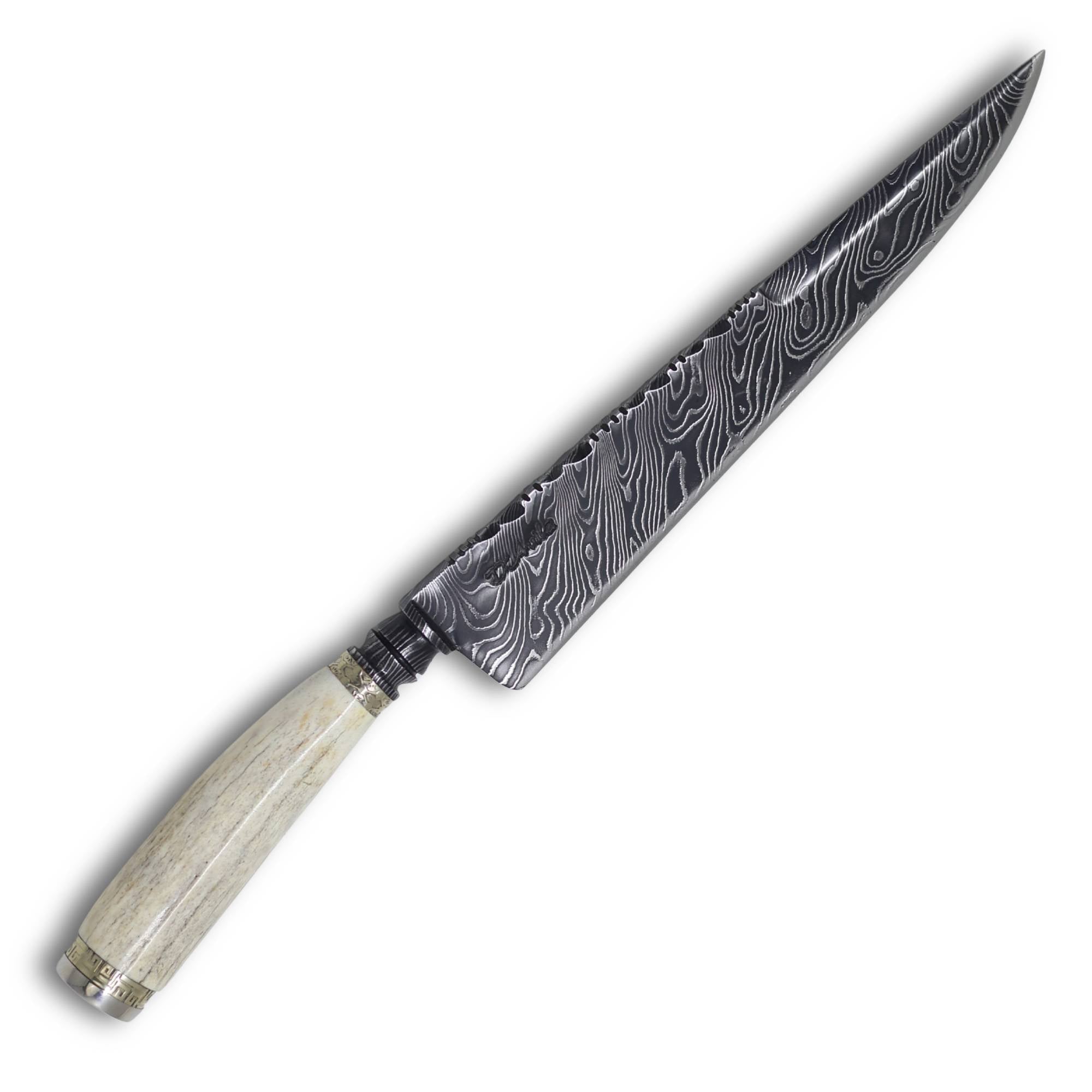 Faca Churrasco Torneada 8'' Aço Damasco, Cabo em Osso Fossilizado