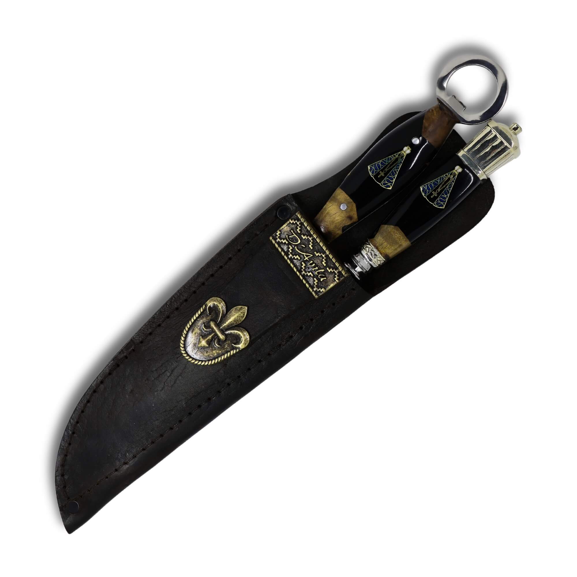 Conjunto Garfo Trinchante P e Faca Churrasco Torneada Especial 8" em aço carbono Tratorado Polido, cabo híbrido com Nossa Senhora.