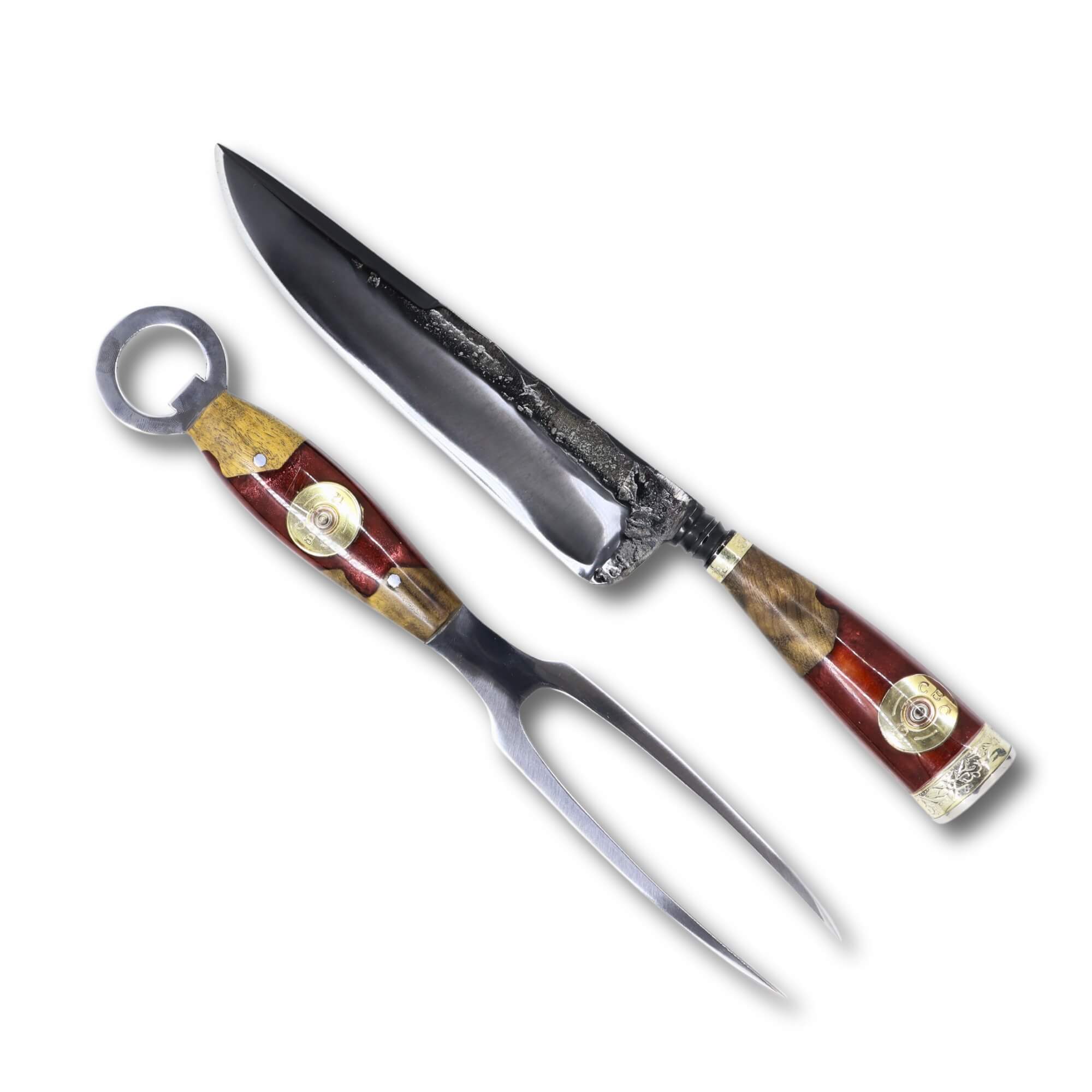 Conjunto Garfo Trinchante P e Faca Churrasco Torneada 8" em aço carbono Brut Forj Fosfatizado, cabo híbrido.