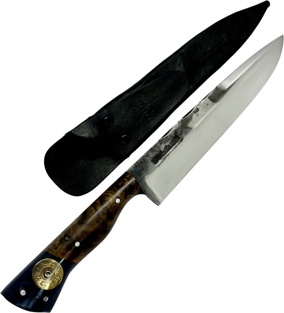 Faca Churrasco Cutelaria Prime 8" em aço inox, cabo híbrido em madeira e resina azul com cápsula de 12, brutforj polido