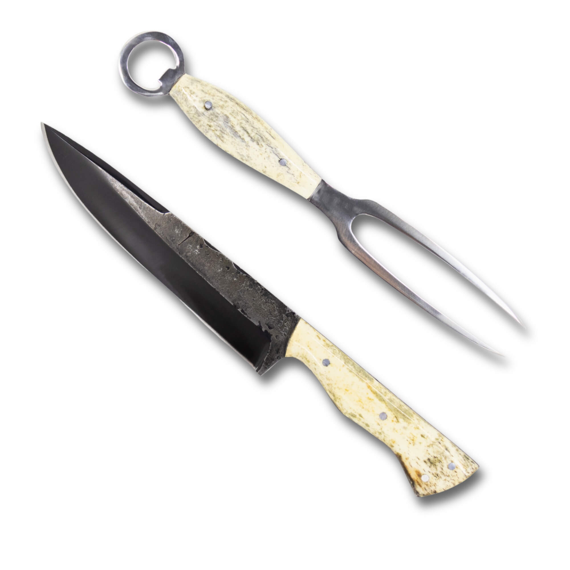 Conjunto Garfo Trinchante P e Faca Churrasco 8" em aço carbono, cabo em osso, brutforj fosfatizado