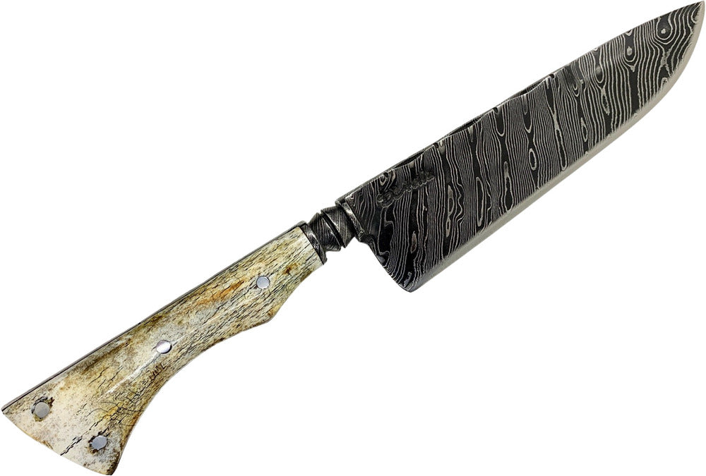Faca Churrasco. Cutelaria Prime 6" em aço damasco, cabo em osso fossilizado.