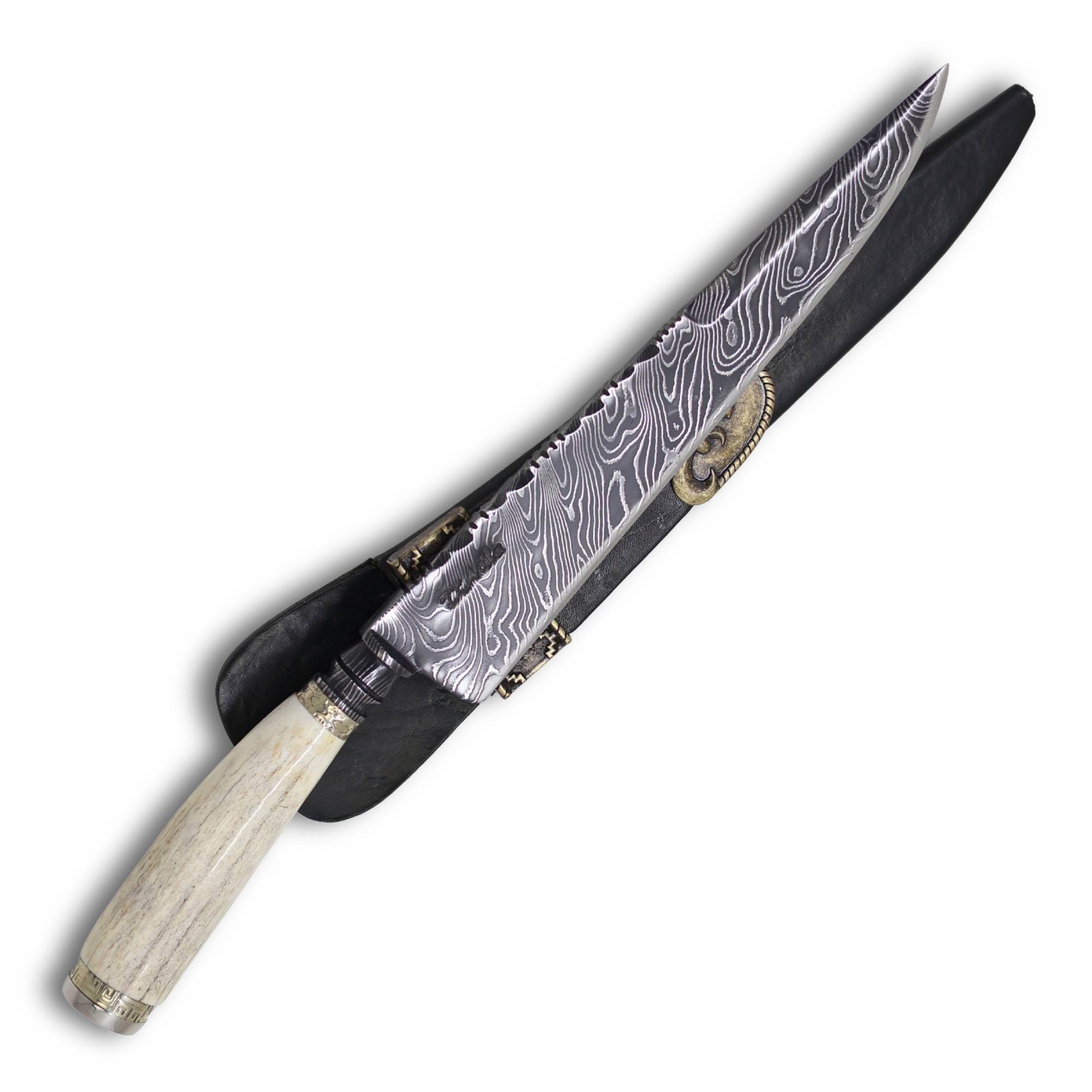 Faca Churrasco Torneada 8'' Aço Damasco, Cabo em Osso Fossilizado