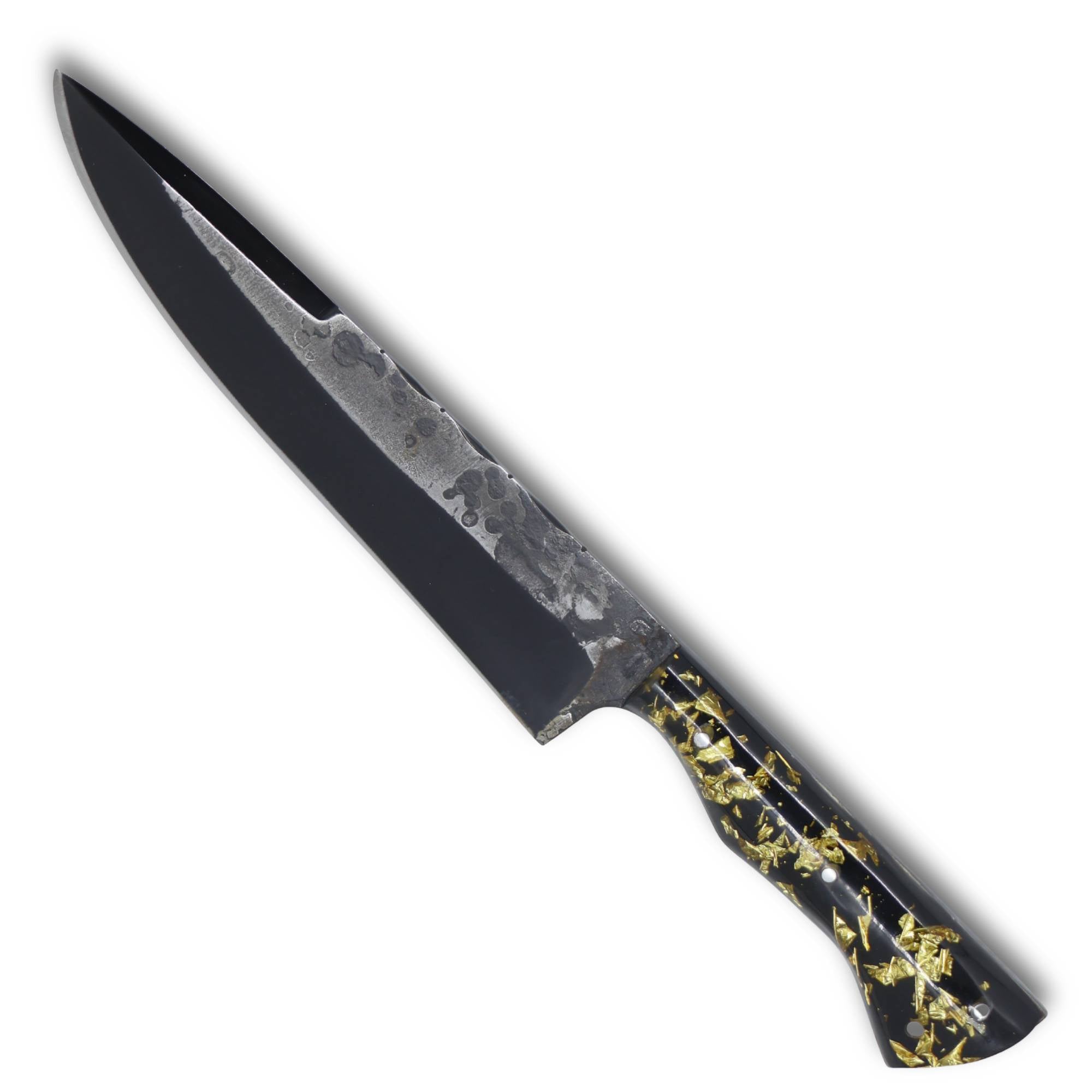 Faca Churrasco Cutelaria Prime 8" em aço carbono, cabo híbrido em resina preta com folhas de ouro, brutforj fosfatizado