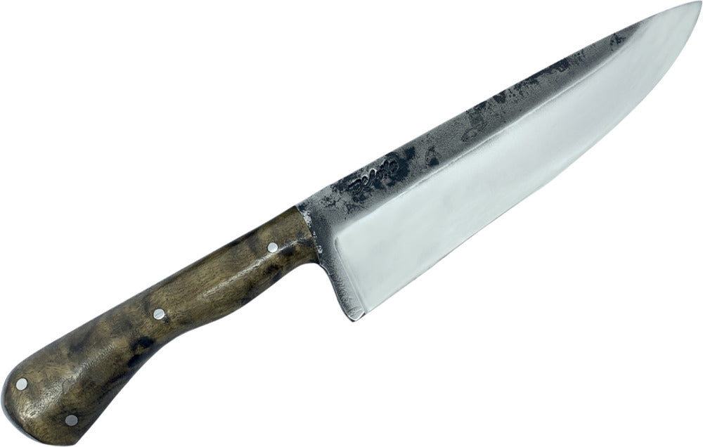 Faca Chefe 8'' em aço carbono, cabo em madeira, brutforj polido