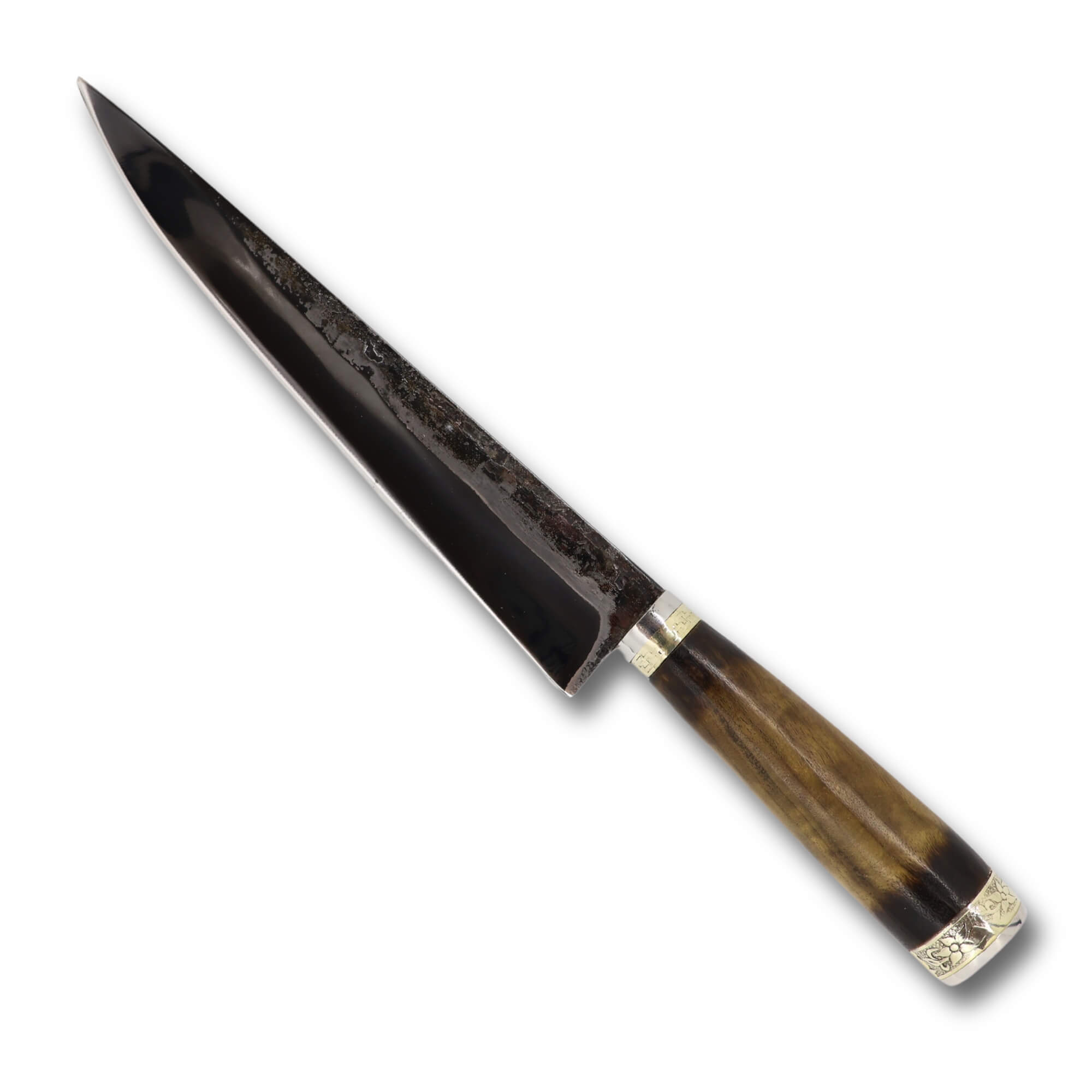Faca Tradicional Gaúcha Torneada em aço carbono 8" Brut Forj Fosfatizado, cabo em madeira queimada.
