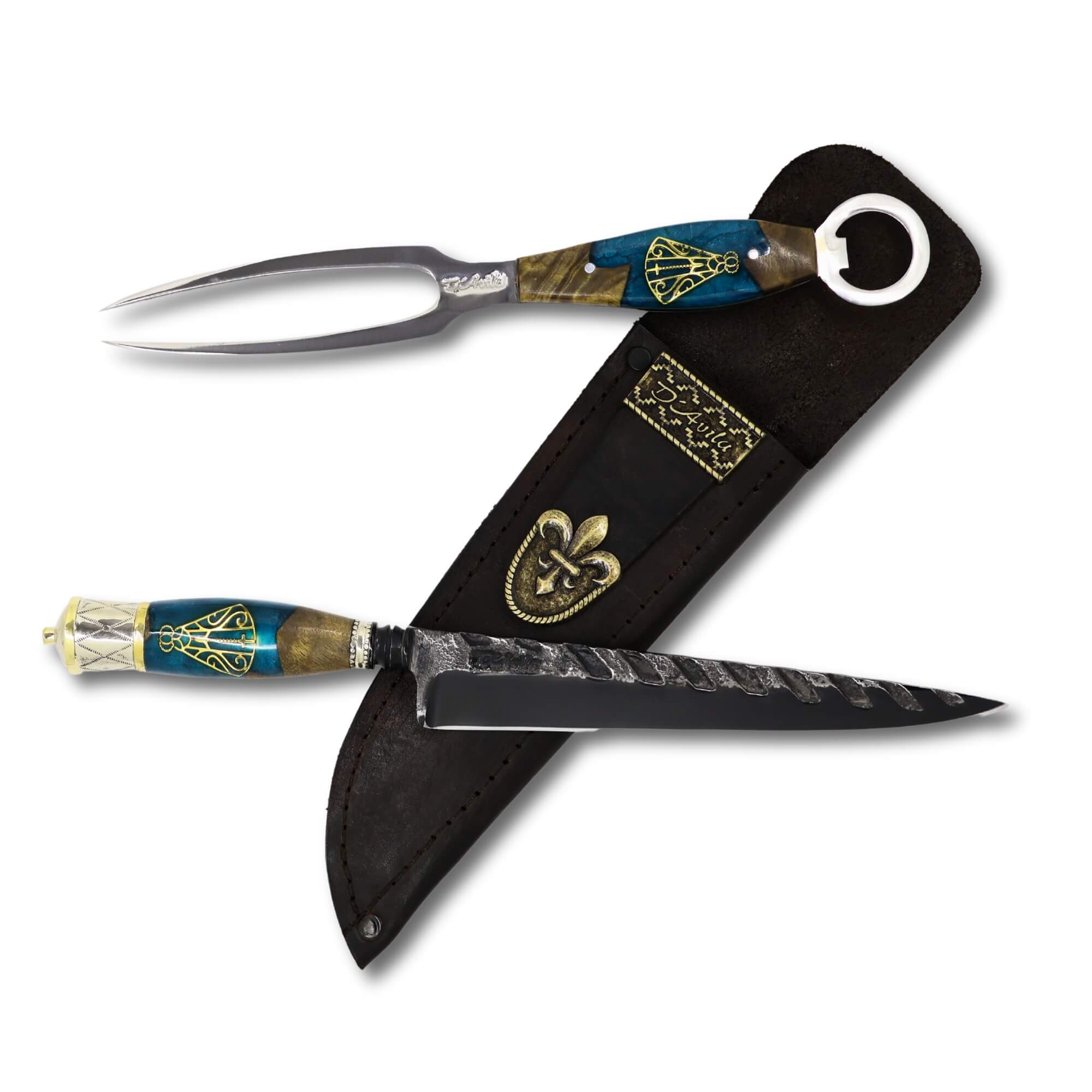 Conjunto Garfo Trinchante P e Faca Churrasco Torneada Especial 8" em aço carbono Tratorado Fosfatizado, cabo híbrido com Nossa Senhora.