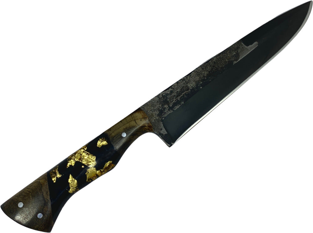 Faca Churrasco Cutelaria Prime 8" em aço carbono, cabo híbrido em madeira e resina preta com folhas de ouro, brut forj fosfatizado