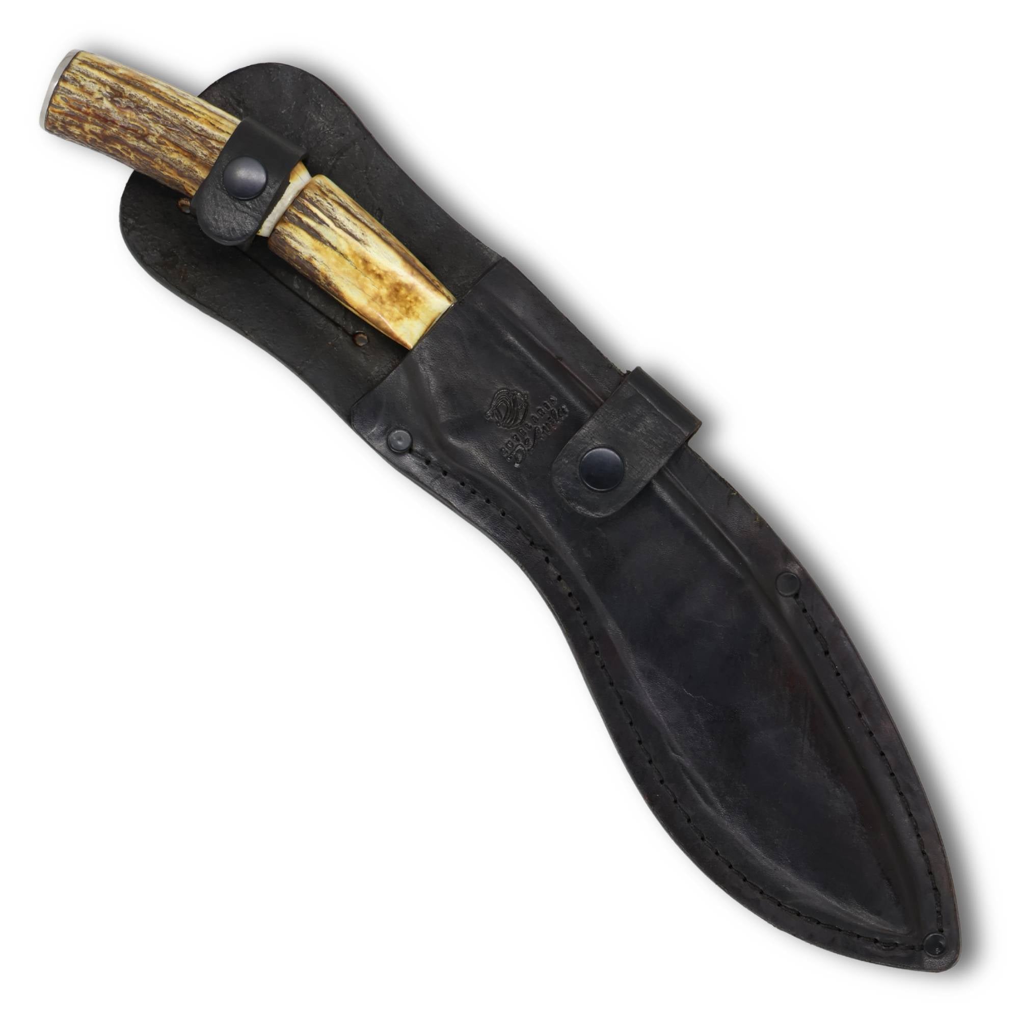 Faca Kukri 9" em Aço san mai, Cabo em chifre de cervo queimado, tratorado
