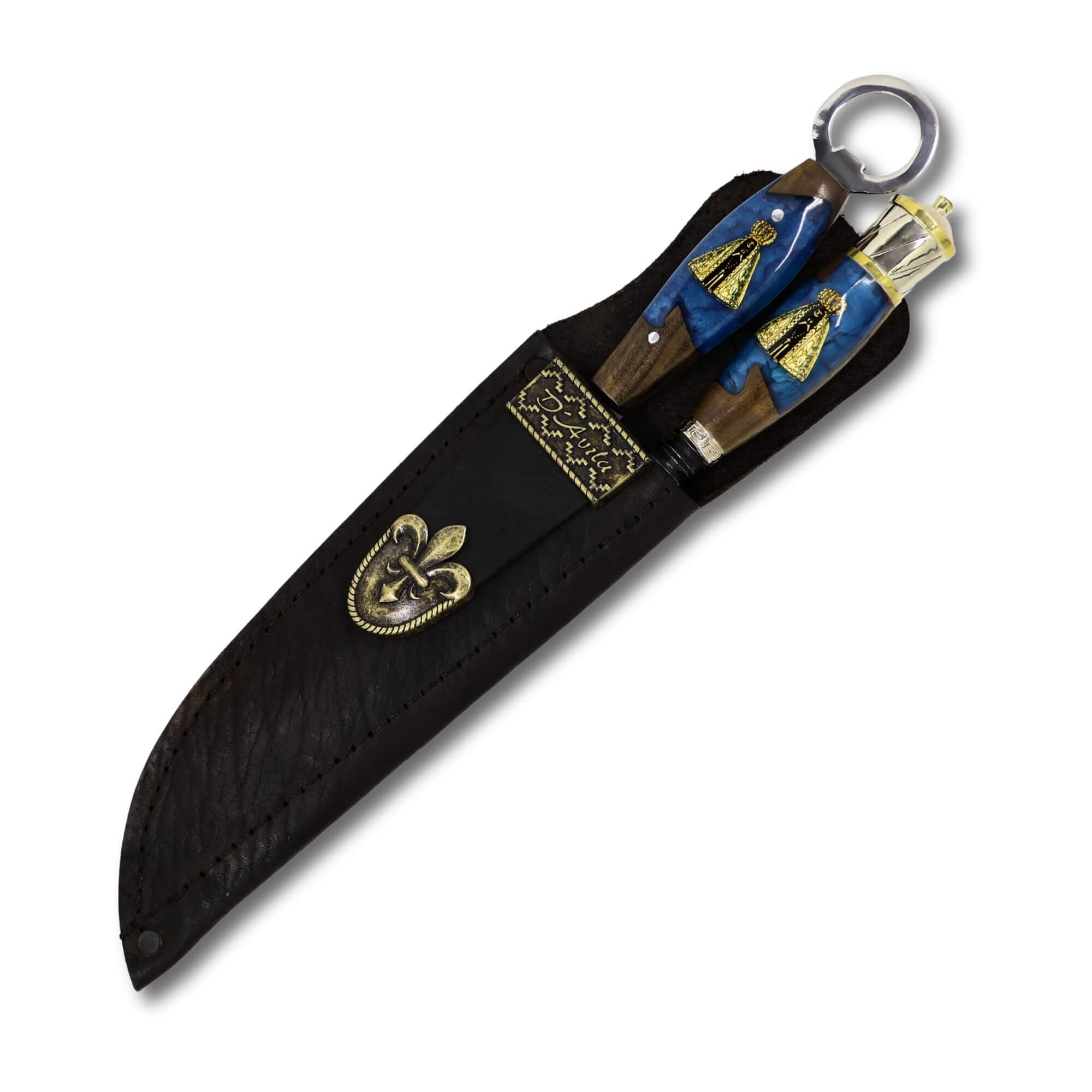 Conjunto Garfo Trinchante P e Faca Churrasco Torneada Especial 8" em Aço Carbono Brut Forj Fosfatizado, cabo híbrido com Nossa Senhora.