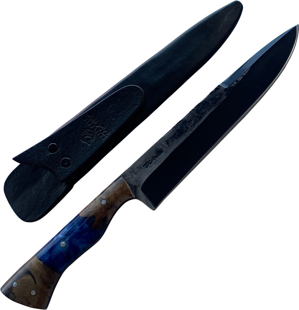 Faca Churrasco Cutelaria Prime 8" em aço carbono, cabo hibrido em madeira e resina azul, brutforj fosfatizado