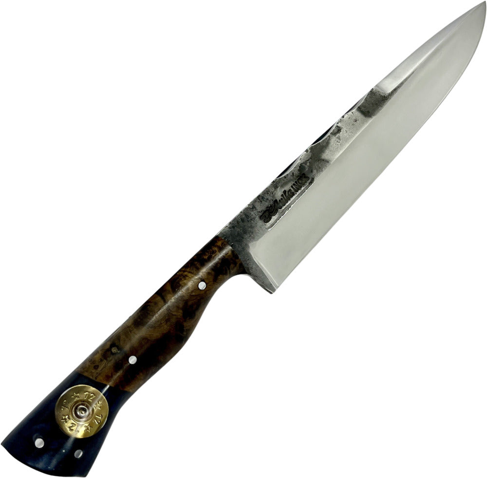 Faca Churrasco Cutelaria Prime 8" em aço inox, cabo híbrido em madeira e resina azul com cápsula de 12, brutforj polido