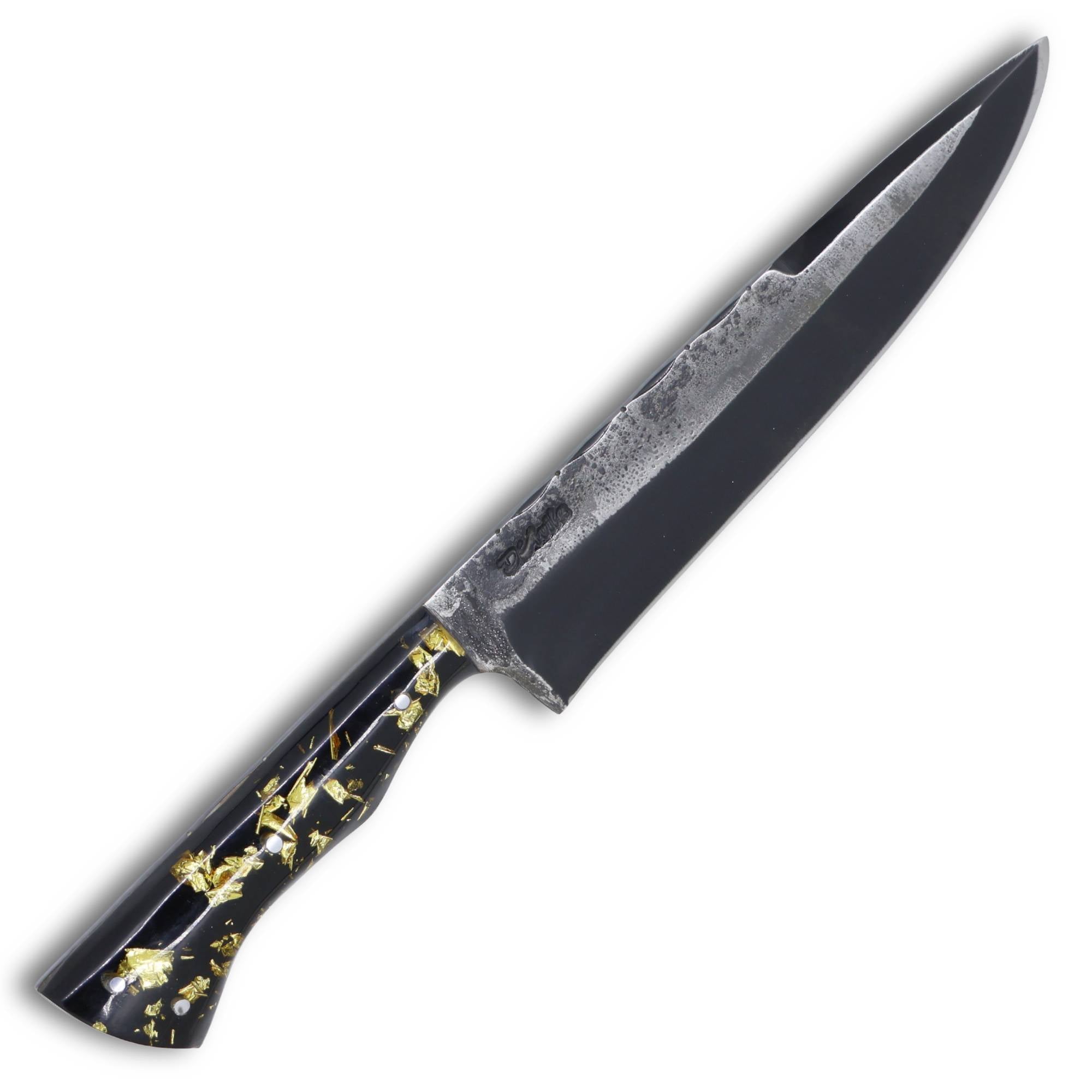 Faca Churrasco Cutelaria Prime 8" em aço carbono, cabo híbrido em resina preta com folhas de ouro, brutforj fosfatizado