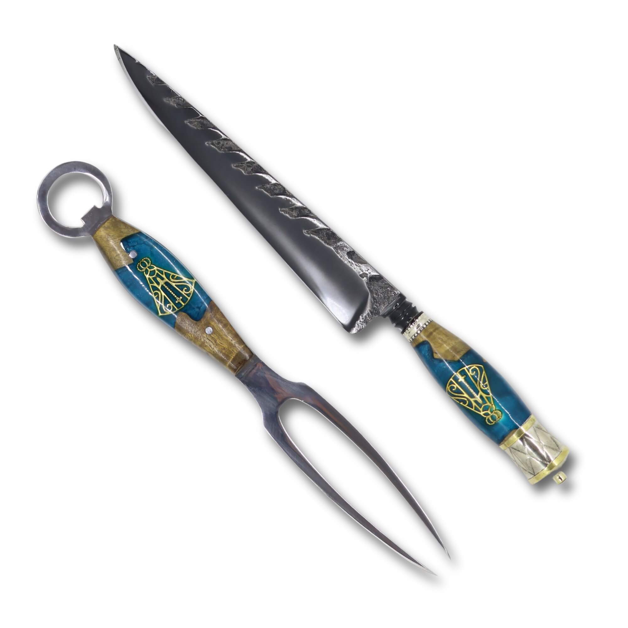 Conjunto Garfo Trinchante P e Faca Churrasco Torneada Especial 8" em aço carbono Tratorado Fosfatizado, cabo híbrido com Nossa Senhora.