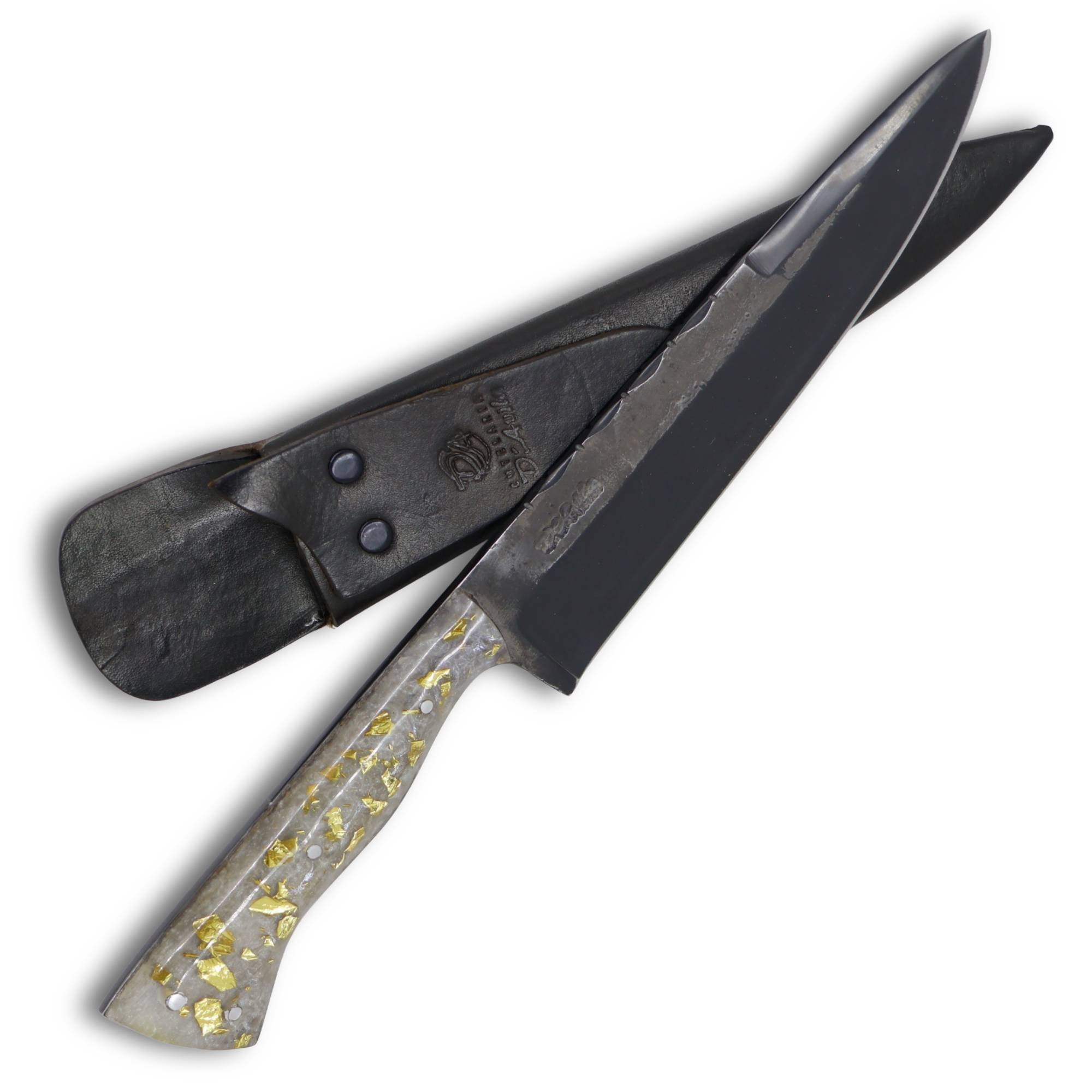 Faca Churrasco Cutelaria Prime 8" em aço carbono, cabo em resina branca com folhas de ouro, brut forj fosfatizado
