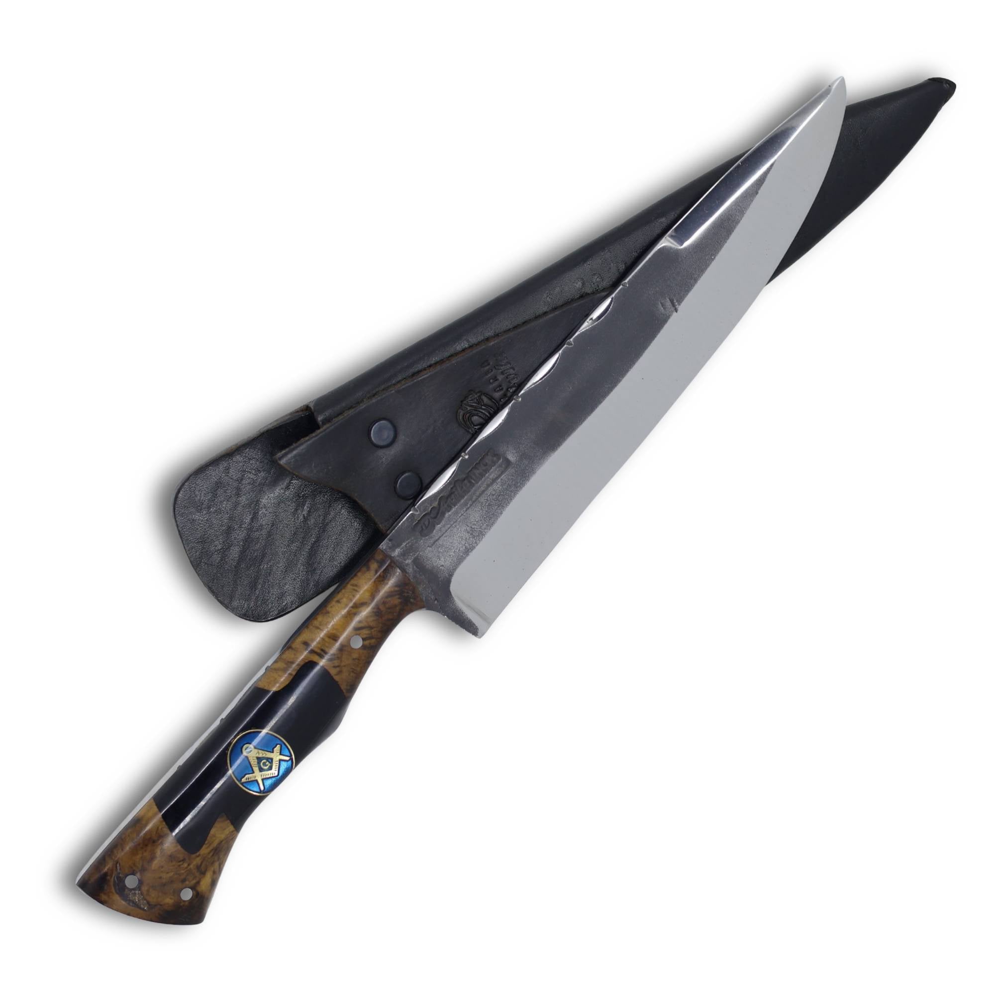 Faca Churrasco Cutelaria Prime 8" em Aço Inox, Cabo Híbrido em Madeira e Resina com Símbolo Maçom, BrutForj Polido