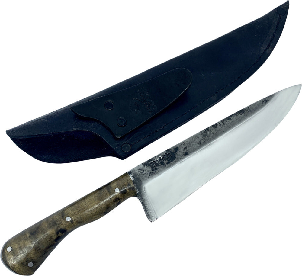 Faca Chefe 8'' em aço carbono, cabo em madeira, brutforj polido