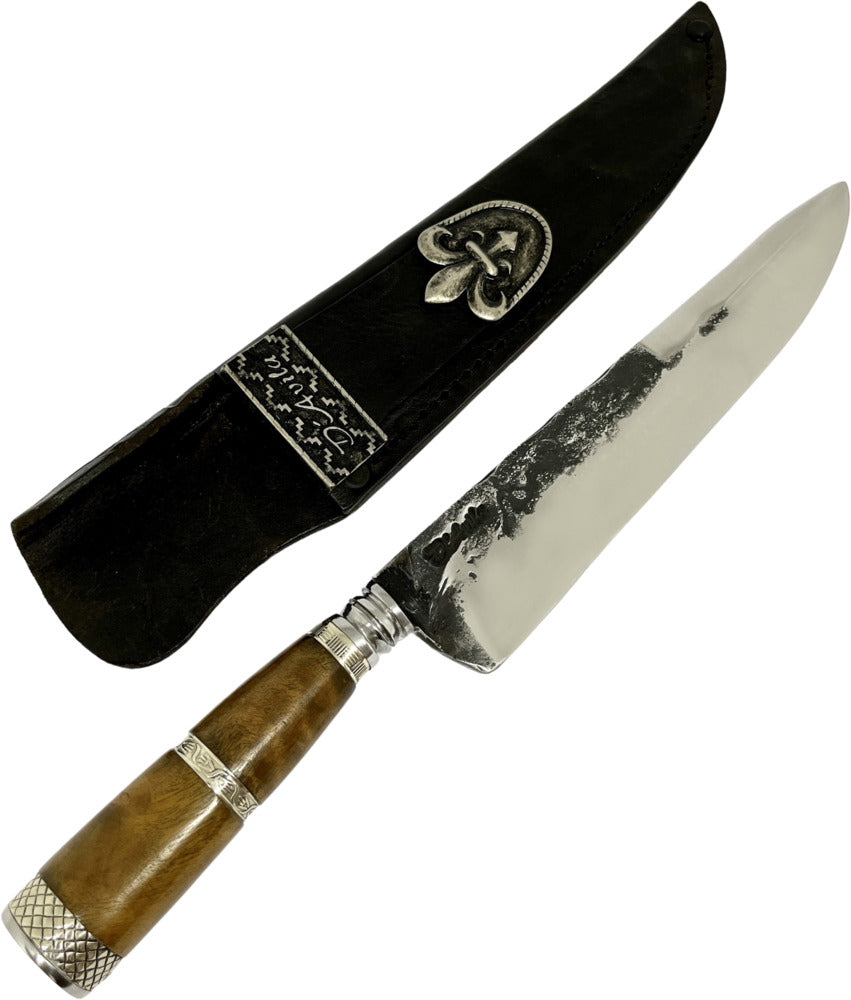 Faca Churrasco Torneada 8" em aço carbono, cabo em madeira com anel no meio, brutforj polido