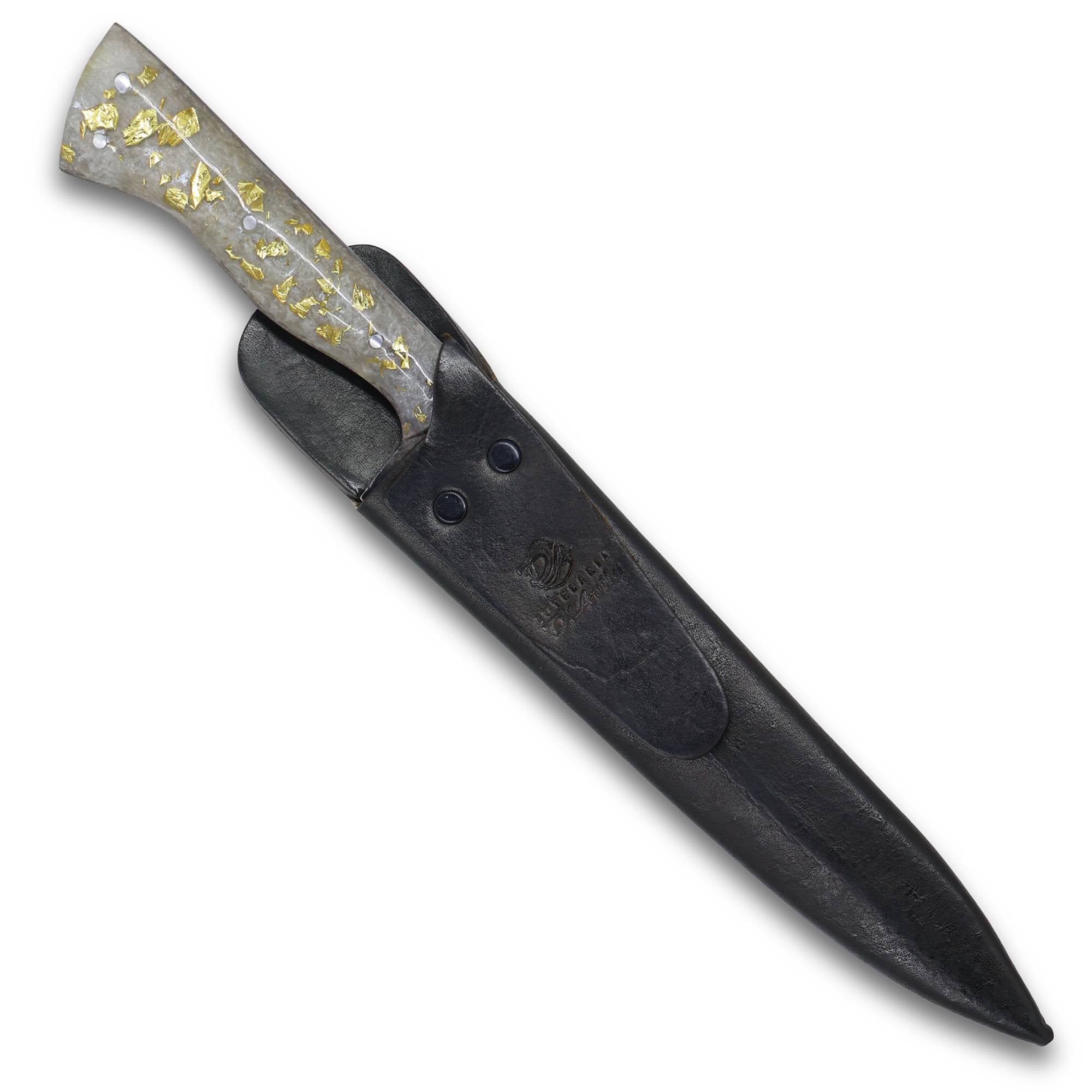 Faca Churrasco Cutelaria Prime 8" em aço carbono, cabo em resina branca com folhas de ouro, brut forj fosfatizado