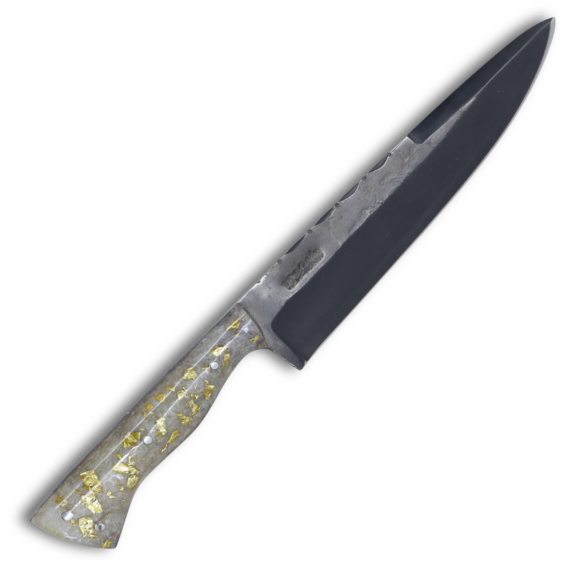 Faca Churrasco Cutelaria Prime 8" em aço carbono, cabo em resina branca com folhas de ouro, brut forj fosfatizado