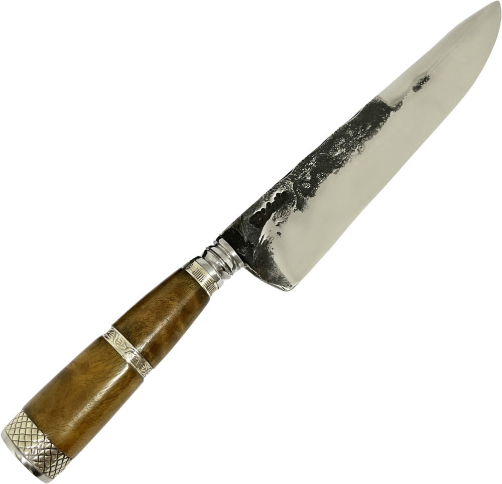 Faca Churrasco Torneada 8" em aço carbono, cabo em madeira com anel no meio, brutforj polido
