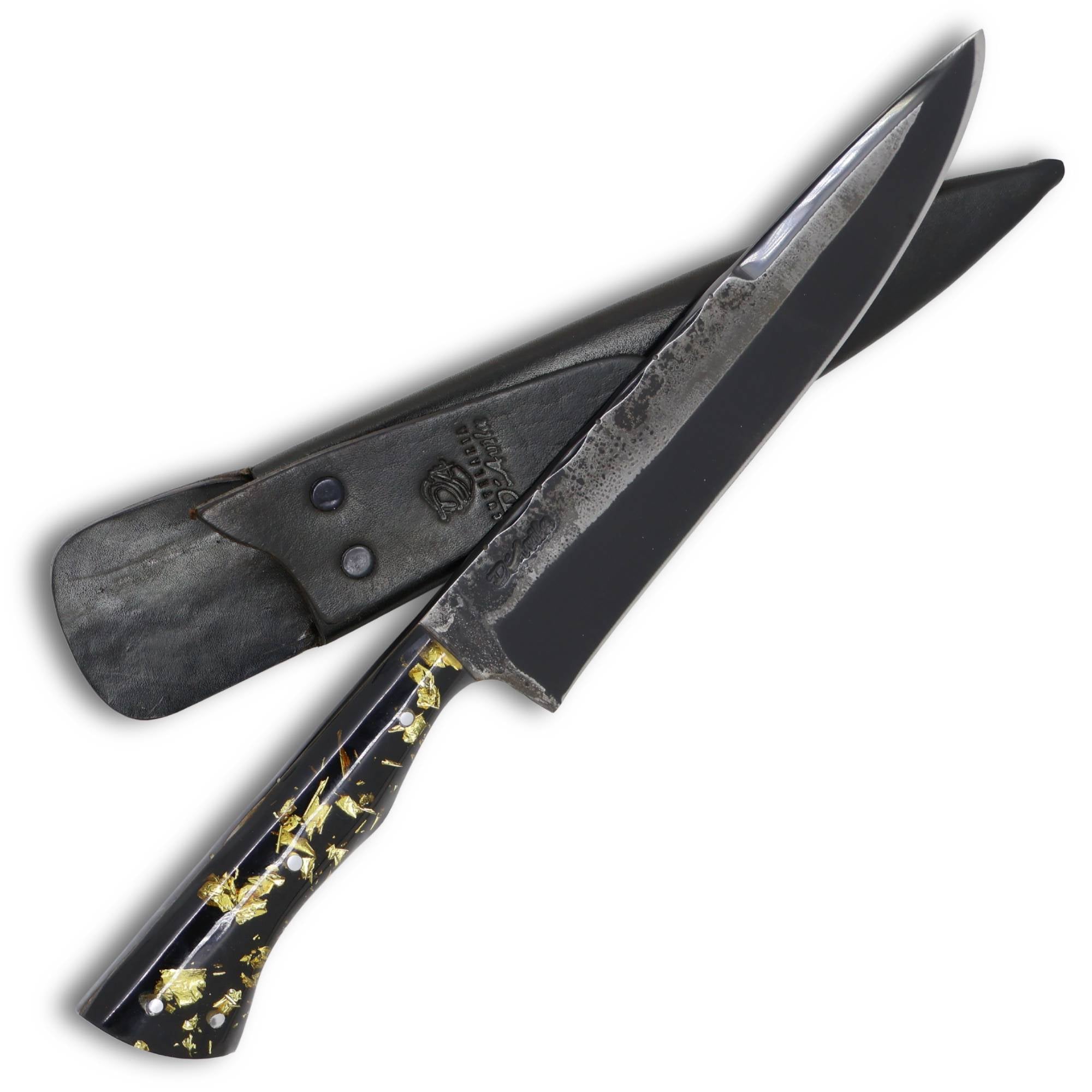 Faca Churrasco Cutelaria Prime 8" em aço carbono, cabo híbrido em resina preta com folhas de ouro, brutforj fosfatizado