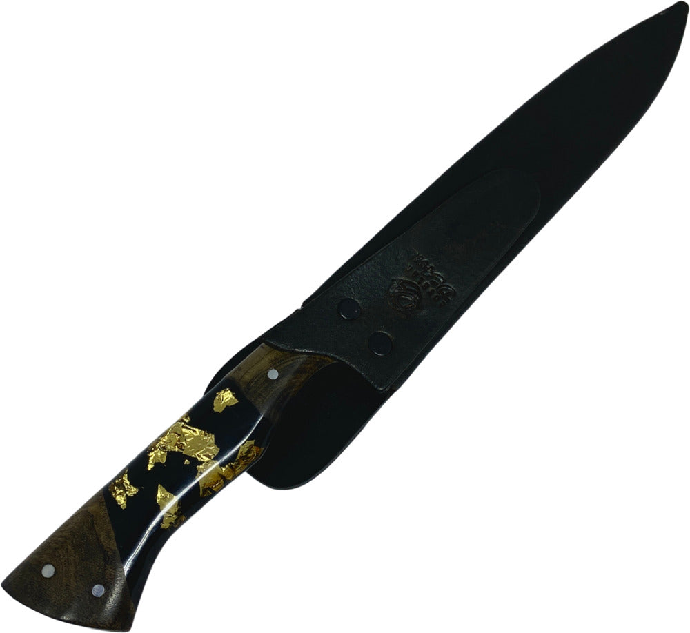 Faca Churrasco Cutelaria Prime 8" em aço carbono, cabo híbrido em madeira e resina preta com folhas de ouro, brut forj fosfatizado