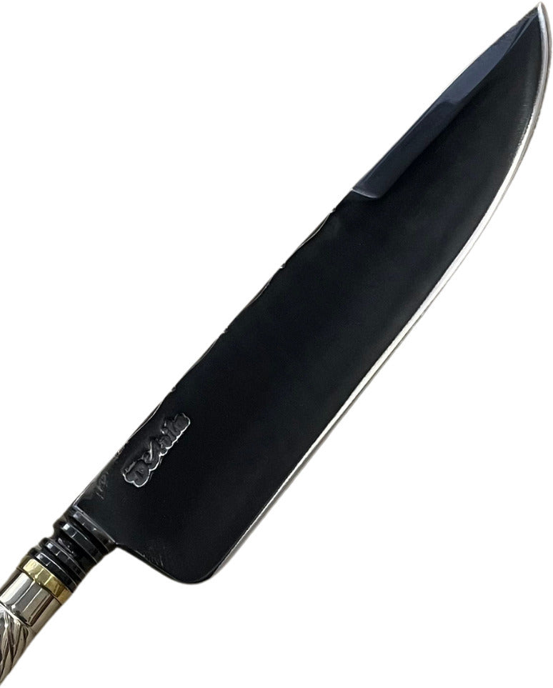 Faca Churrasco Prateada 8'' em aço carbono, Cabo prateado em alpaca, fosfatizado