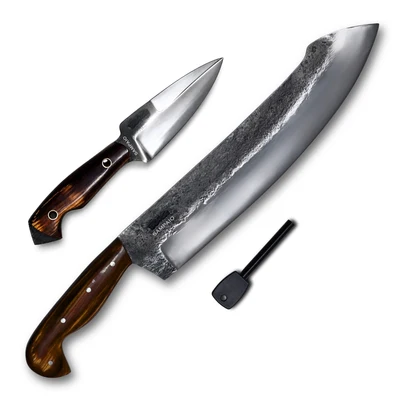 Conjunto Sampaio Facão 12'' e Faca 4'' em Aço Carbono, Cabo em Madeira Marrom com Pederneira, Brut Polido