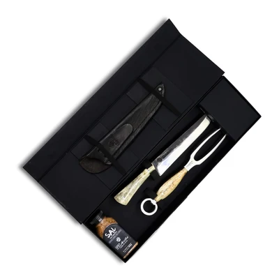Conjunto Churrasco 8'' em Aço Inox, Cabo em Osso, Faca Florão, Garfo e Sal, BrutforjPolido
