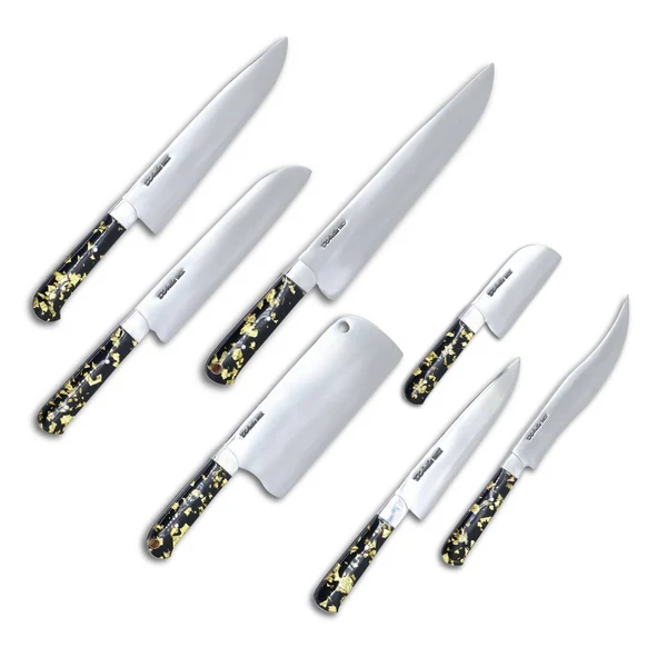 Conjunto Profissional Cutelaria Prime em aço inox com cabo em resina e folhas de ouro