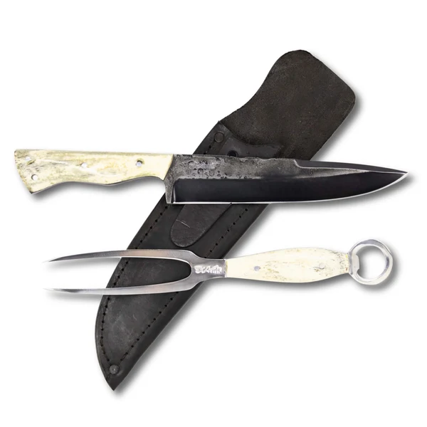 Conjunto Garfo Trinchante P e Faca Churrasco 8" em aço carbono, cabo em osso, brutforj fosfatizado